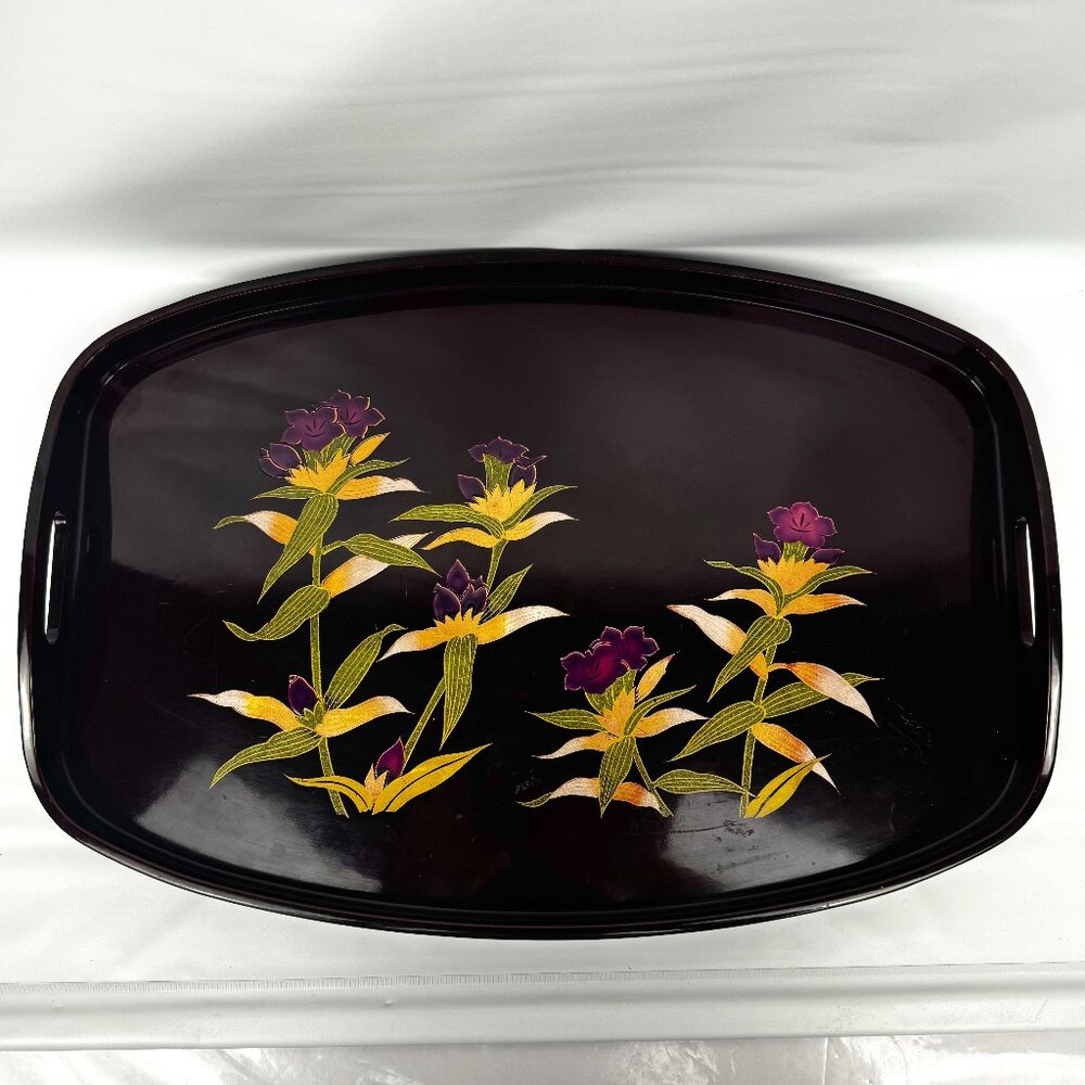 Vtg Toyo Japan Lacquer Ware 19x12" Black Floral Serving Tray Handles Round READ